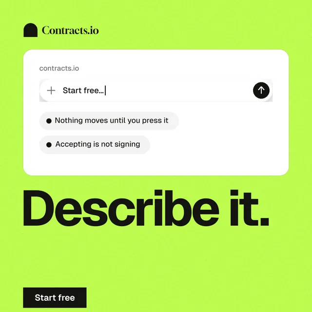 Instagram post for contracts.io: "Describe it." Swiss style, bottom layout, light palette in green, white.