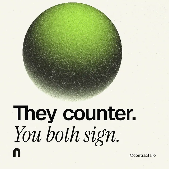 Instagram post for contracts.io: "They counter. You both sign." Auto 1x1 style, technique:shader field layout, light palette in white, grey.