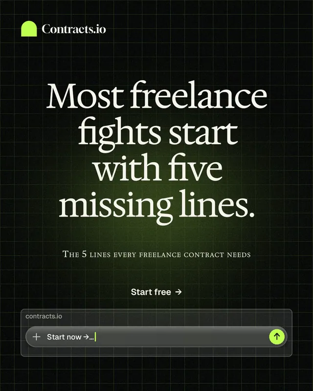 Instagram portrait post for contracts.io: "Most freelance fights start with five missing lines." Phosphor atlas style, smallcaps layout, dark palette in black, grey.