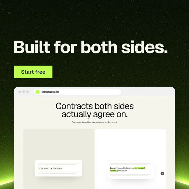 Instagram post for contracts.io: "Built for both sides." Swiss style, browser layout, light palette in black, white, green.
