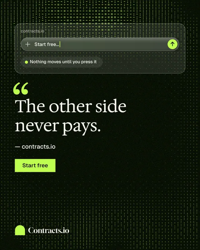 Instagram portrait post for contracts.io: "The other side never pays." Swiss style, quote layout, dark palette in black, green.