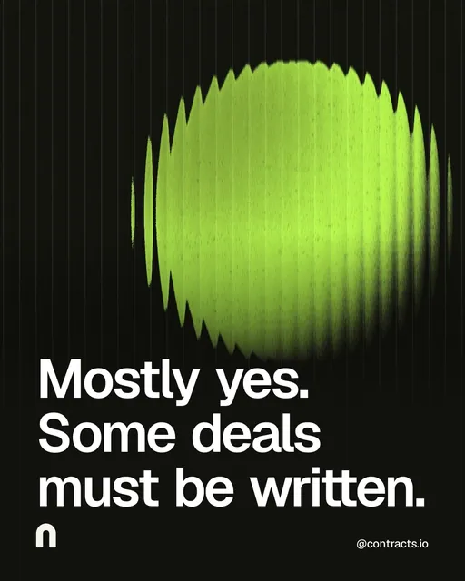 Video for contracts.io: "Mostly yes. Some deals must be written.". Shader loop, 6.0 s, dark palette.