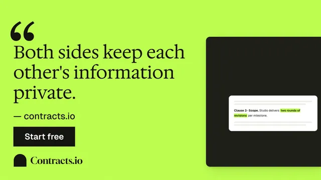 Landscape graphic for contracts.io: "Both sides keep each other's information private." Swiss style, quote layout, light palette in green, black.