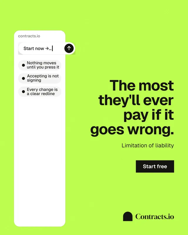 Instagram portrait post for contracts.io: "The most they'll ever pay if it goes wrong." Swiss style, right layout, light palette in green, white.