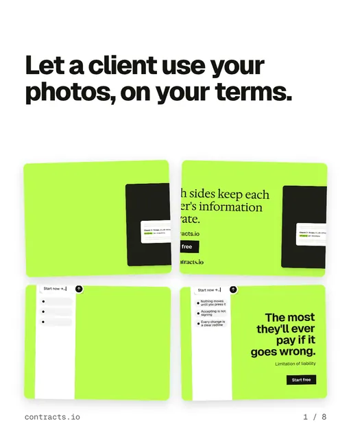Carousel for contracts.io: "Let a client use your photos, on your terms.". Collection carousel, 8 slides, light palette.