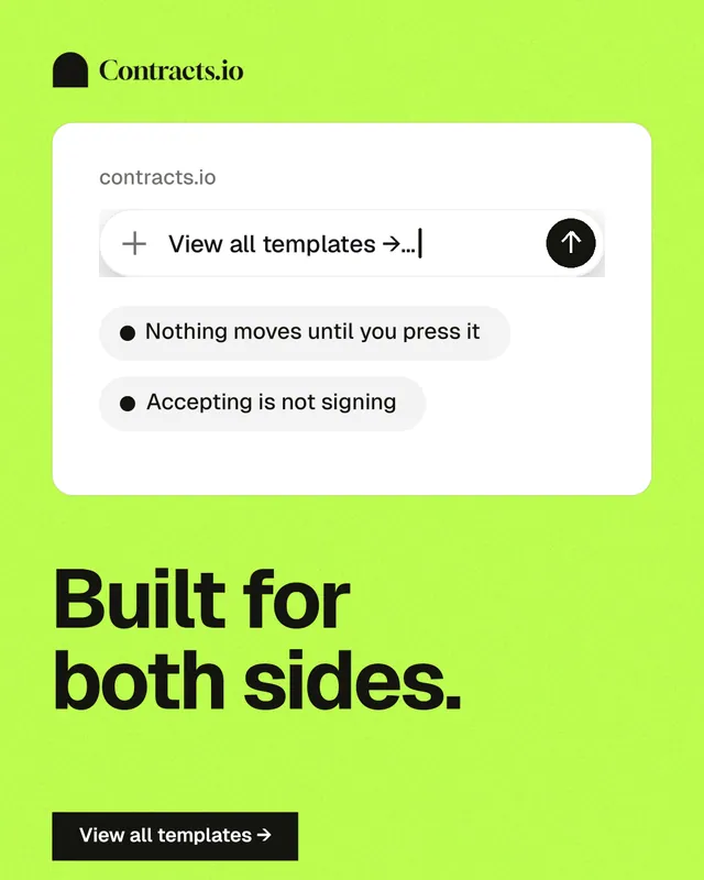 Instagram portrait post for contracts.io: "Built for both sides." Swiss style, bottom layout, light palette in green, white.