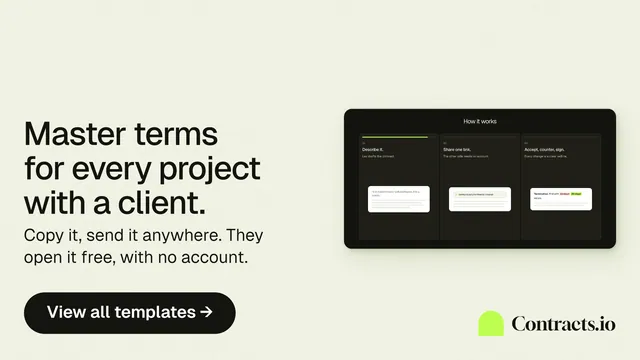 Landscape graphic for contracts.io: "Master terms for every project with a client." Data card style, bottom layout, light palette in white, black, green.