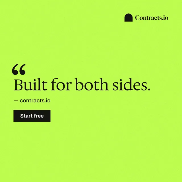 Instagram post for contracts.io: "Built for both sides." Swiss style, quote layout, light palette in green.