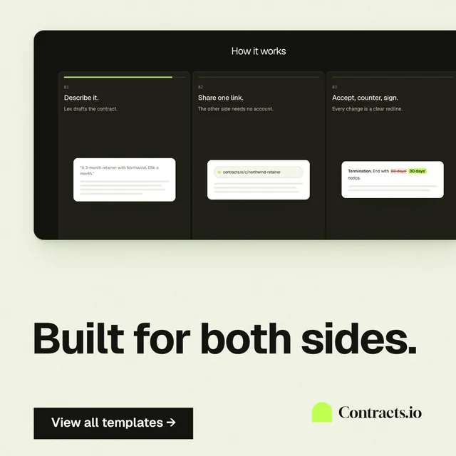 Instagram post for contracts.io: "Built for both sides." Swiss style, bottom layout, light palette in white, black, green.