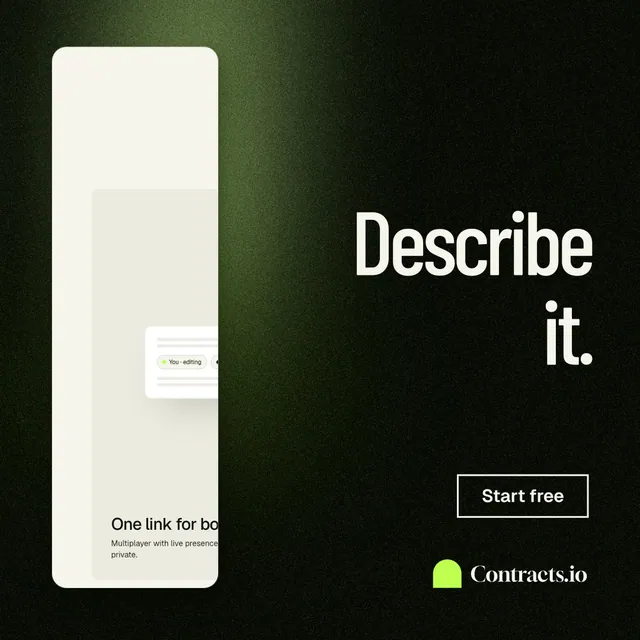 Instagram post for contracts.io: "Describe it." Dark deco style, right layout, dark palette in black, white, green.