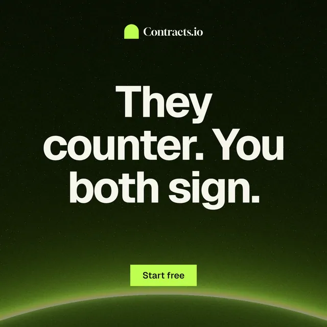 Instagram post for contracts.io: "They counter. You both sign." Swiss style, centred layout, dark palette in black, green.