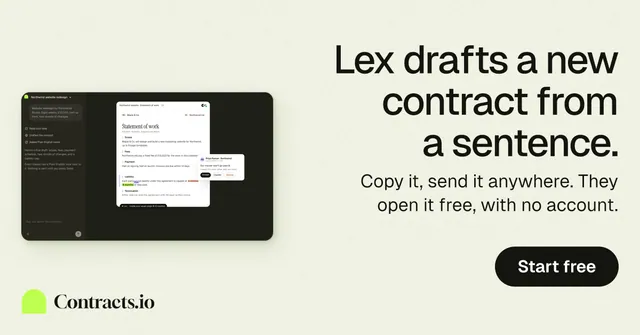 Social ad for contracts.io: "Lex drafts a new contract from a sentence." Data card style, right layout, light palette in white, grey, green.
