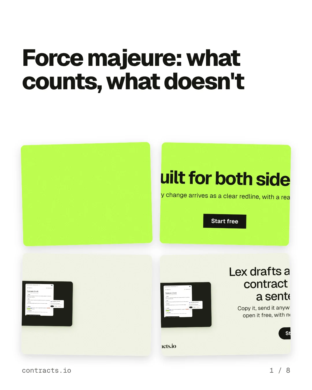 Carousel for contracts.io: "Force majeure: what counts, what doesn't". Collection carousel, 8 slides, light palette.