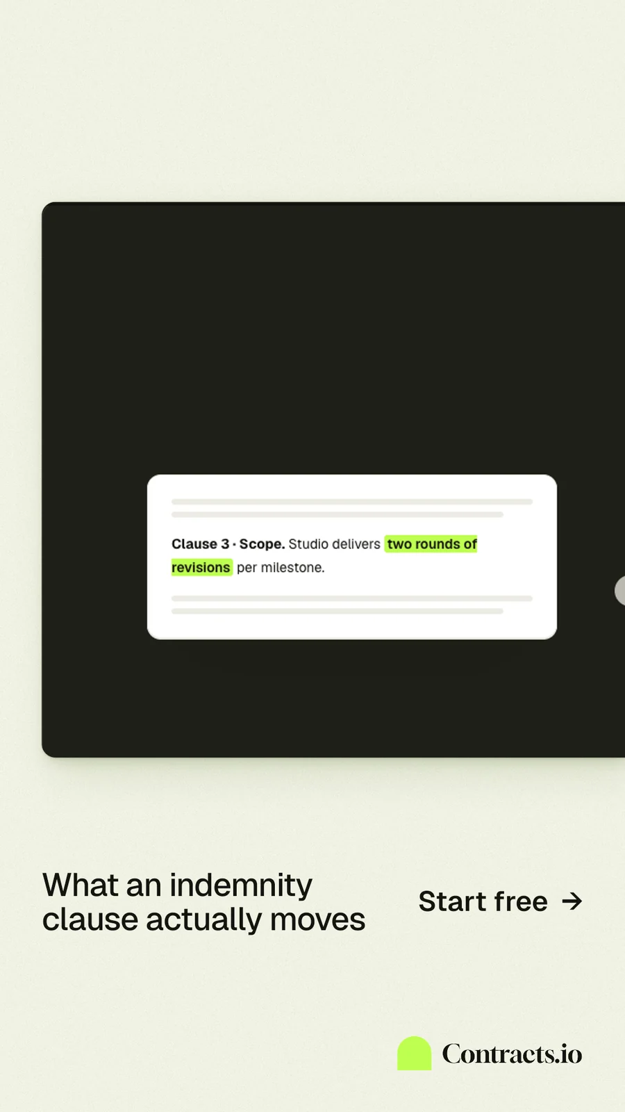 Instagram story for contracts.io: "What an indemnity clause actually moves". Data card style, image led layout, light palette in green, black, white.
