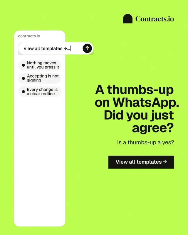 Instagram portrait post for contracts.io: "A thumbs-up on WhatsApp. Did you just agree?" Swiss style, right layout, light palette in green, white.