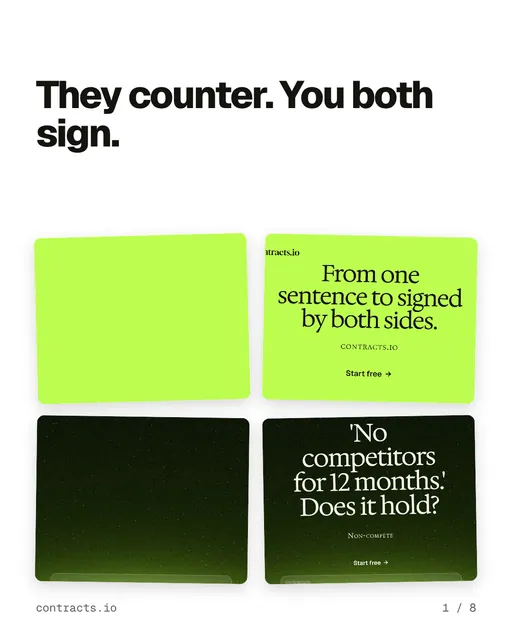 Carousel for contracts.io: "They counter. You both sign.". Collection carousel, 8 slides, light palette.