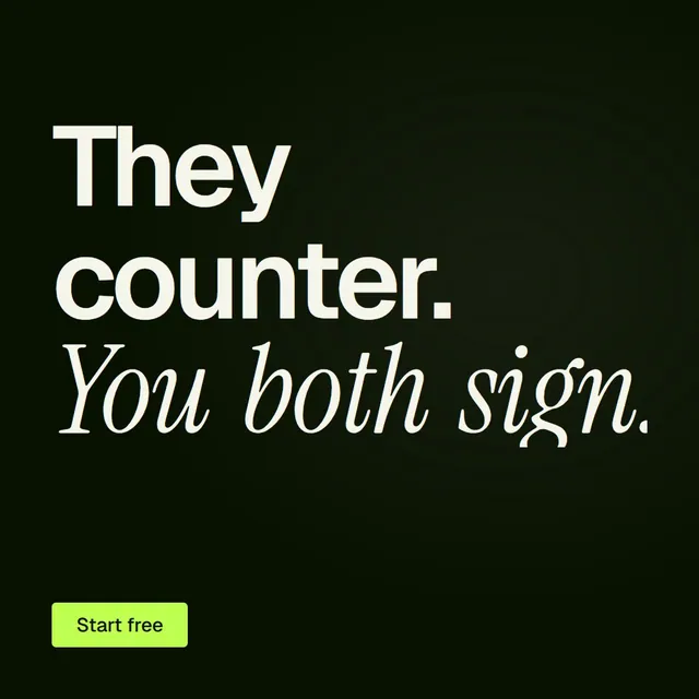 Video for contracts.io: "They counter. You both sign.". Doc motion loop, 7.0 s, dark palette.