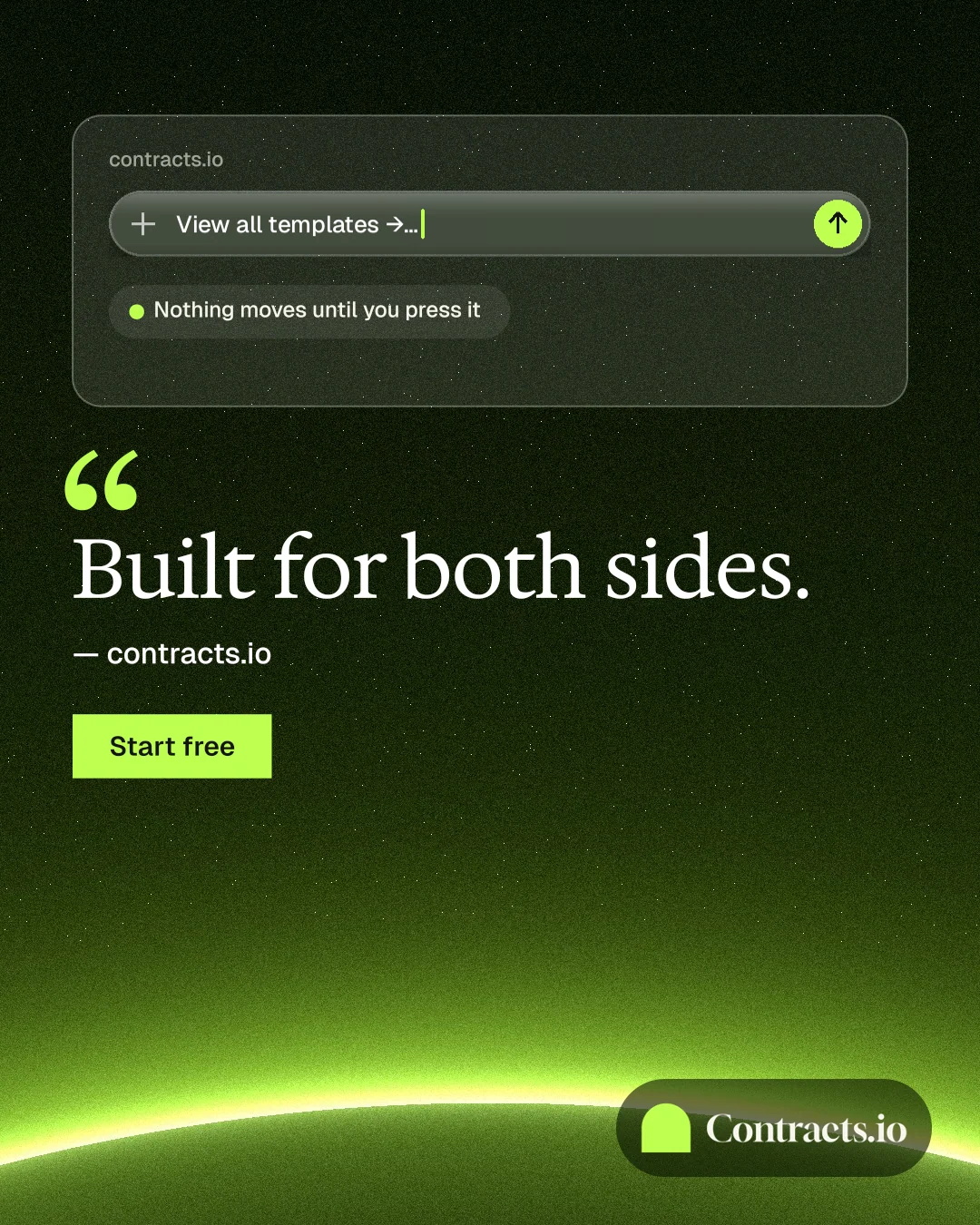 Instagram portrait post for contracts.io: "Built for both sides." Swiss style, quote layout, dark palette in black, green.