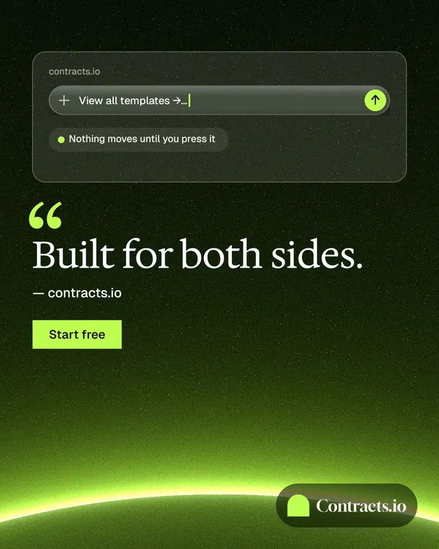 Instagram portrait post for contracts.io: "Built for both sides." Swiss style, quote layout, dark palette in black, green.