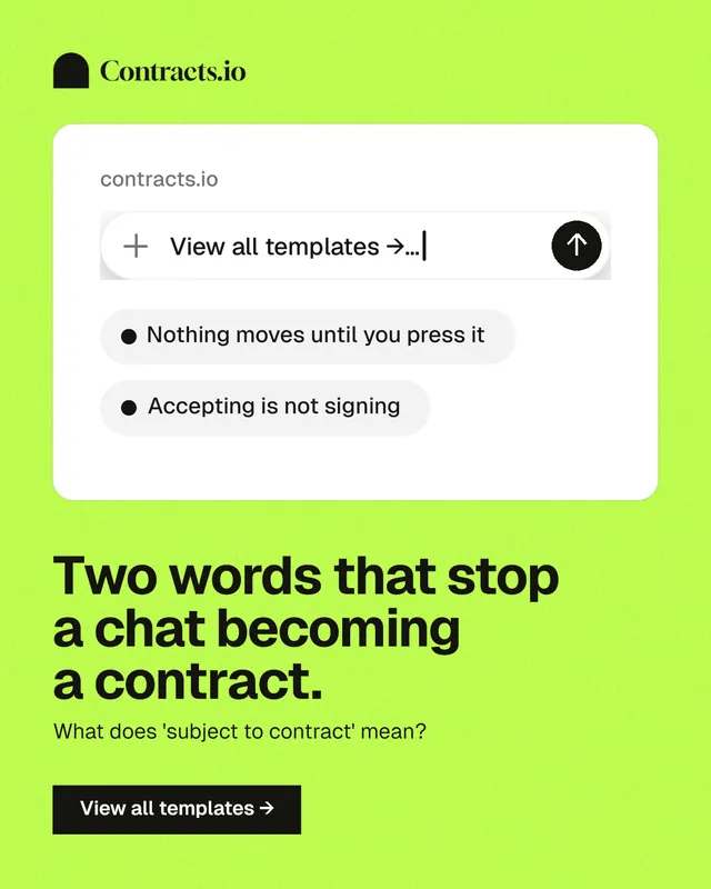 Instagram portrait post for contracts.io: "Two words that stop a chat becoming a contract." Swiss style, bottom layout, light palette in green, white.