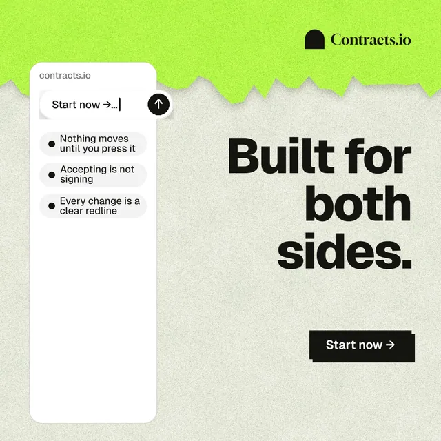 Instagram post for contracts.io: "Built for both sides." Paper trio style, right layout, light palette in yellow, white, green.