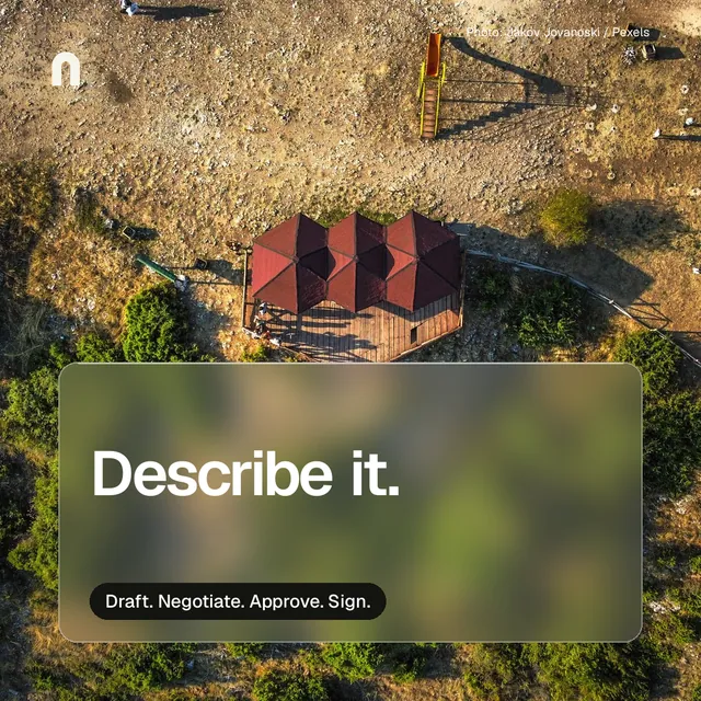 Instagram post for contracts.io: "Describe it." Glass style, technique:pexels ingredient layout, dark palette in yellow, black, brown.