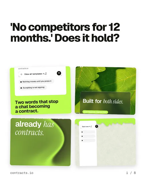 Carousel for contracts.io: "'No competitors for 12 months.' Does it hold?". Collection carousel, 8 slides, light palette.