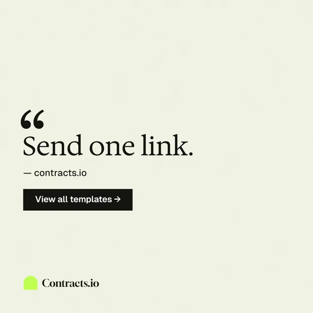 Instagram post for contracts.io: "Send one link." Swiss style, quote layout, light palette in white, yellow.