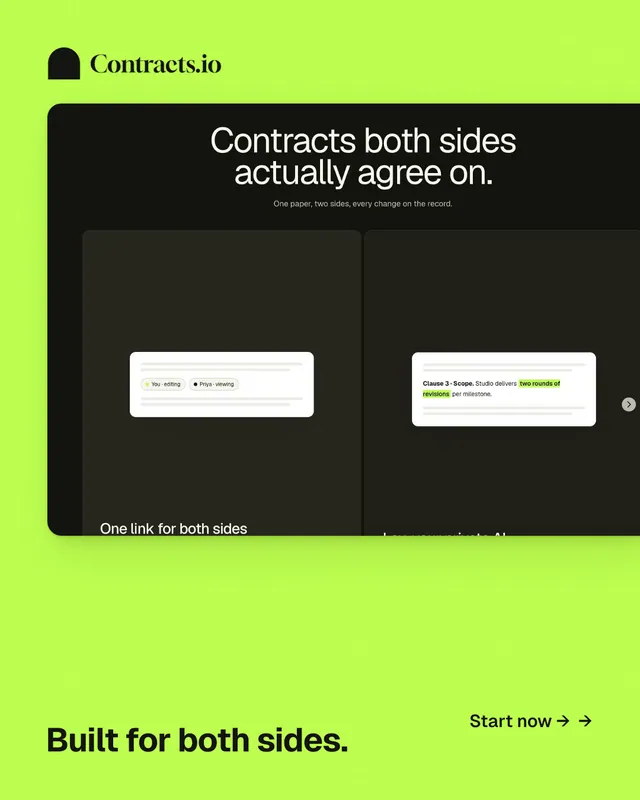 Instagram portrait post for contracts.io: "Built for both sides." Swiss style, image led layout, light palette in green, black.
