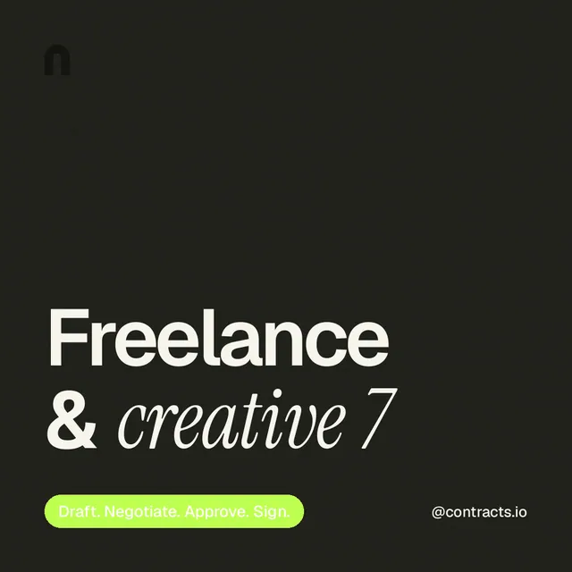 Instagram post for contracts.io: "Freelance & creative 7". Caption style, technique:mixed type lockup layout, dark palette in black, green.