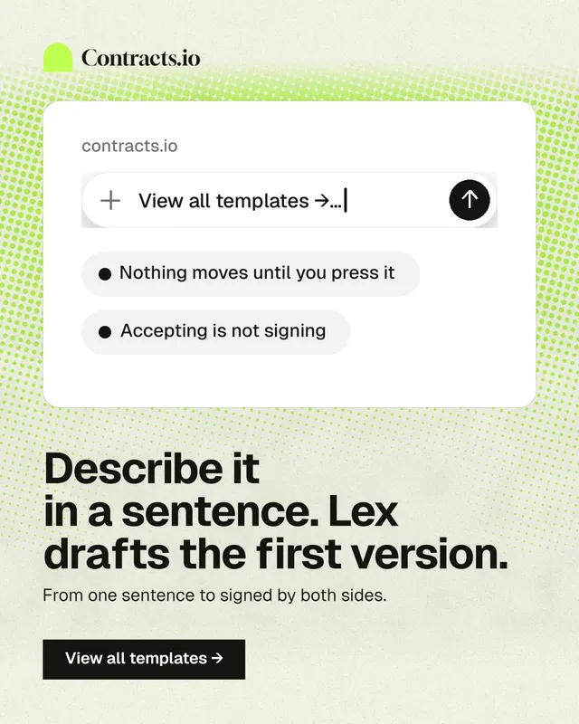 Instagram portrait post for contracts.io: "Describe it in a sentence. Lex drafts the first version." Swiss style, bottom layout, light palette in green, white, grey.