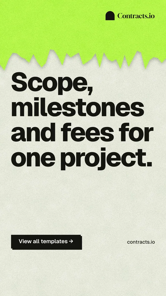 Instagram story for contracts.io: "Scope, milestones and fees for one project." Paper trio style, poster layout, light palette in green, grey.