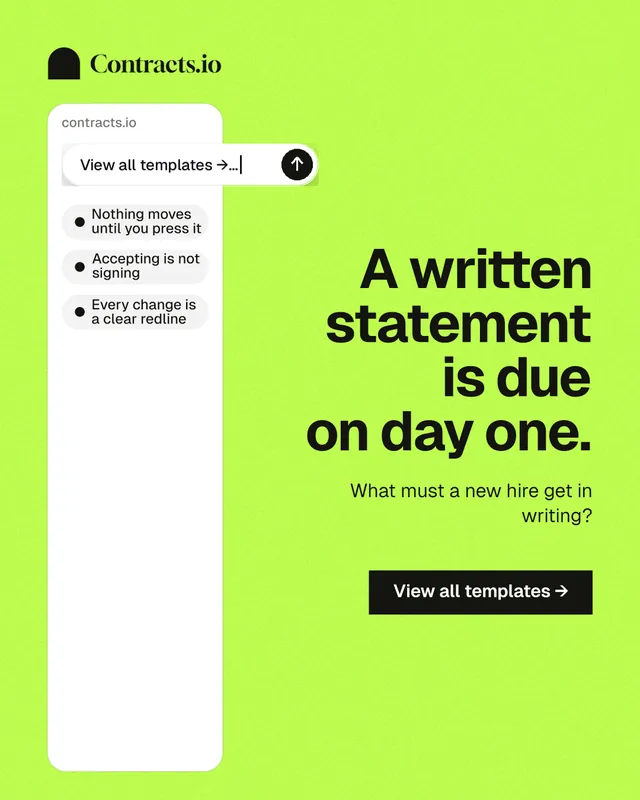 Instagram portrait post for contracts.io: "A written statement is due on day one." Swiss style, right layout, light palette in green.