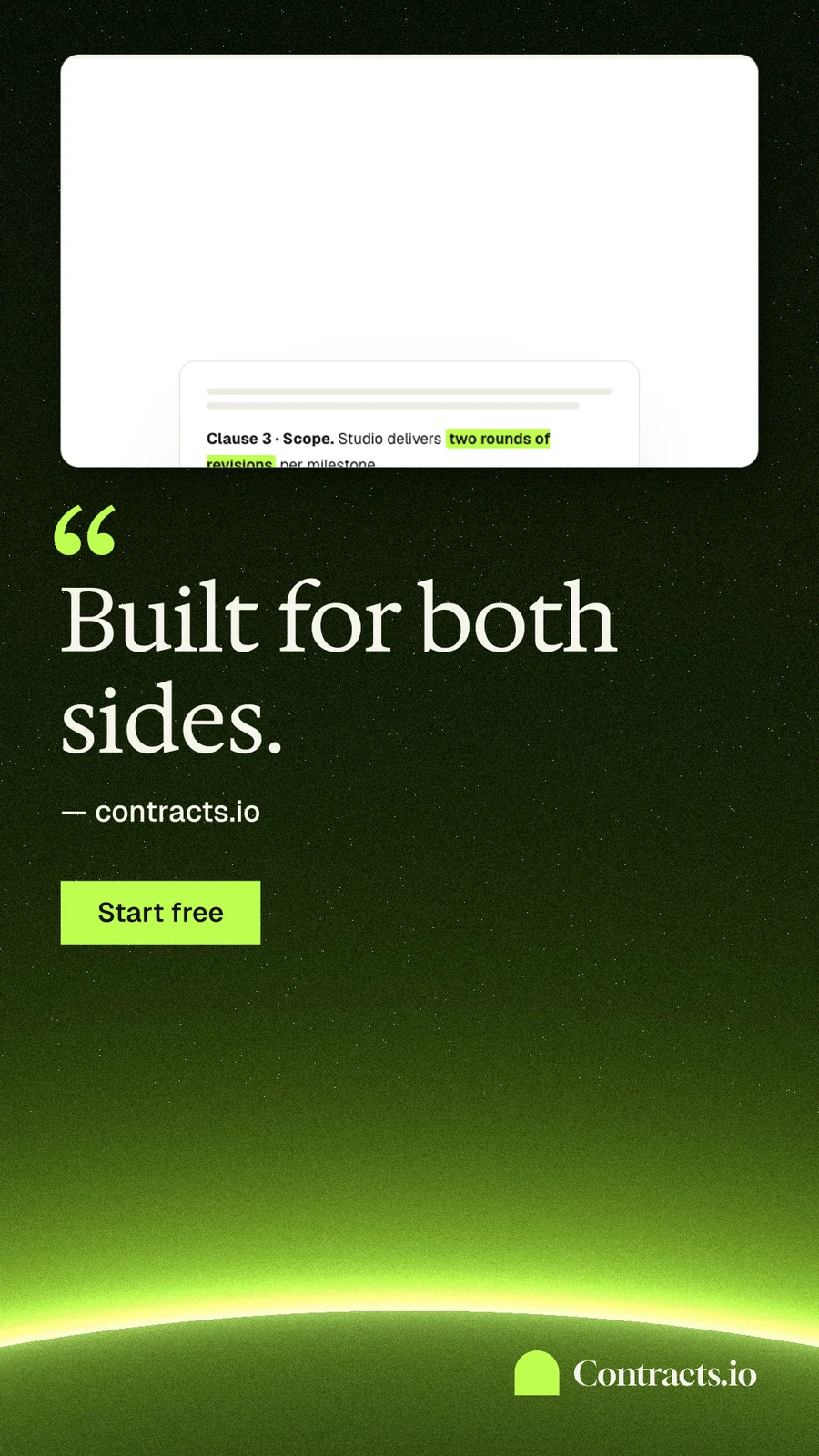 Instagram story for contracts.io: "Built for both sides." Swiss style, quote layout, dark palette in black, green, white.