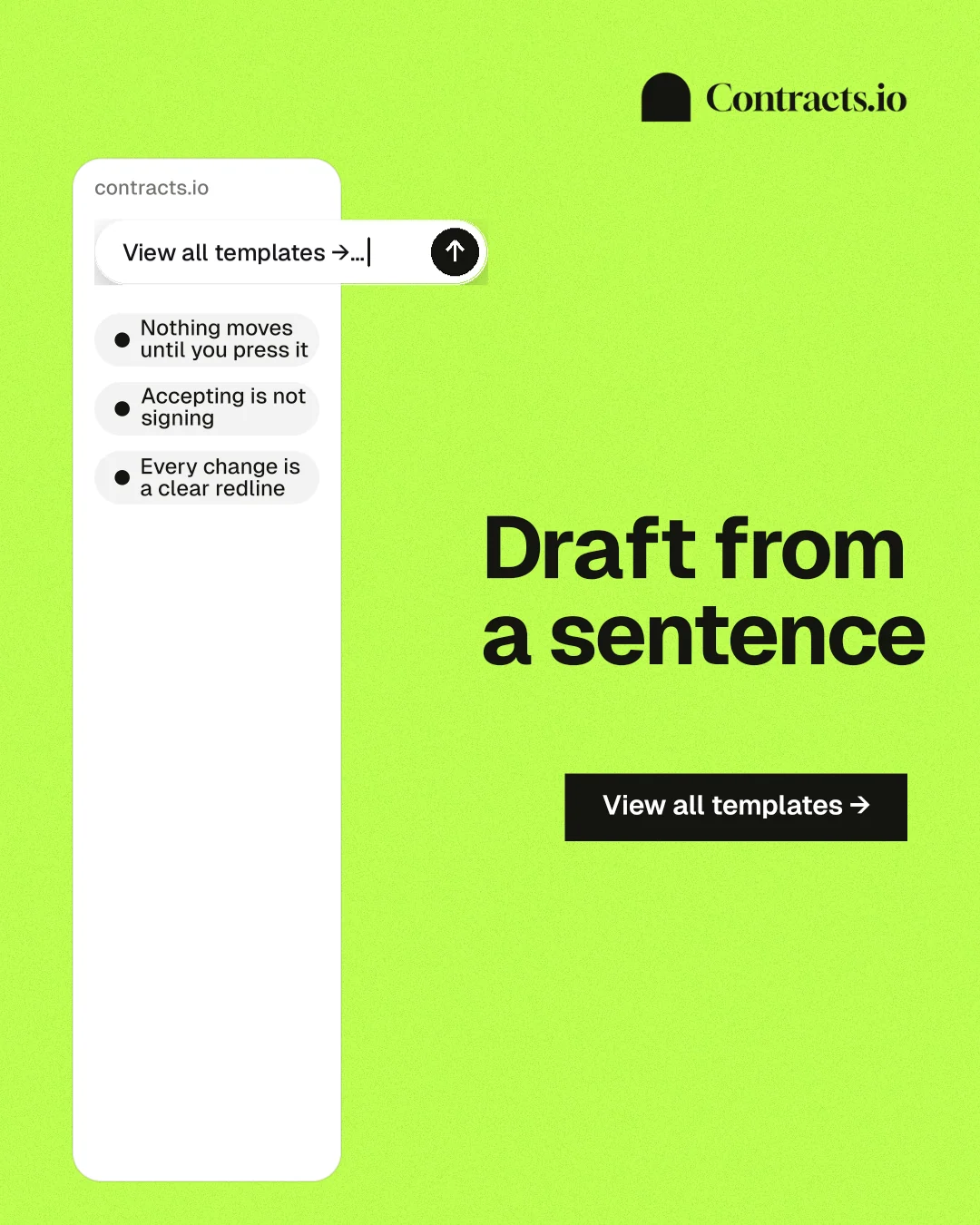 Instagram portrait post for contracts.io: "Draft from a sentence". Swiss style, right layout, light palette in green, white.
