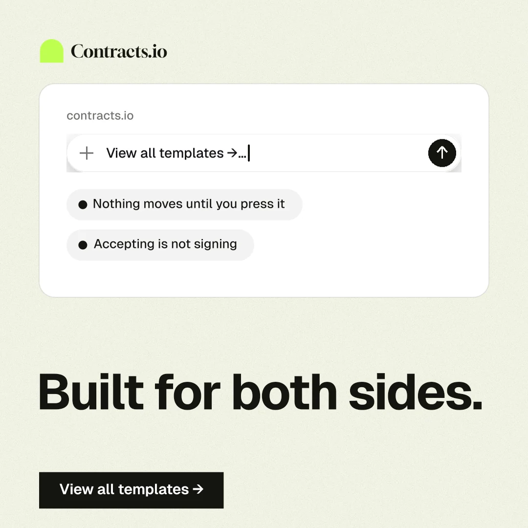 Instagram post for contracts.io: "Built for both sides." Swiss style, bottom layout, light palette in white, grey.