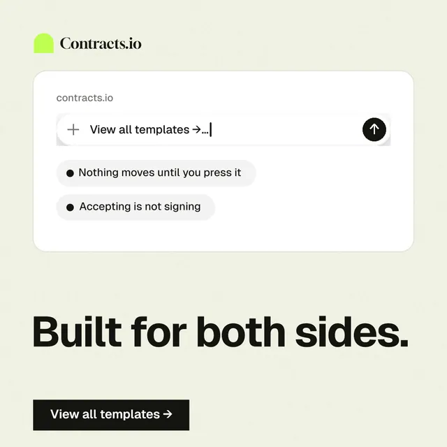 Instagram post for contracts.io: "Built for both sides." Swiss style, bottom layout, light palette in white, grey.