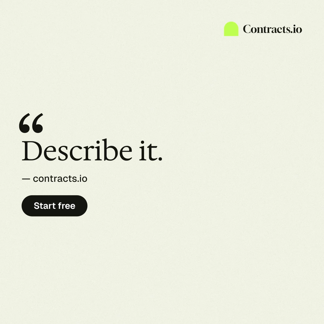 Instagram post for contracts.io: "Describe it." Data card style, quote layout, light palette in white, yellow.