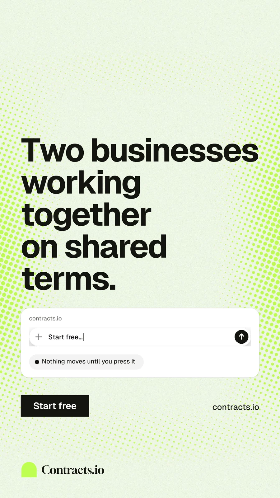 Instagram story for contracts.io: "Two businesses working together on shared terms." Swiss style, poster layout, light palette in white, grey, green.