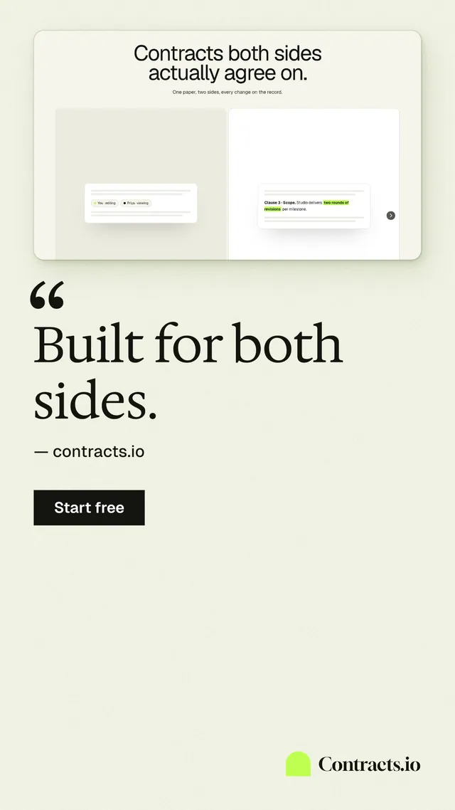 Instagram story for contracts.io: "Built for both sides." Swiss style, quote layout, light palette in white.