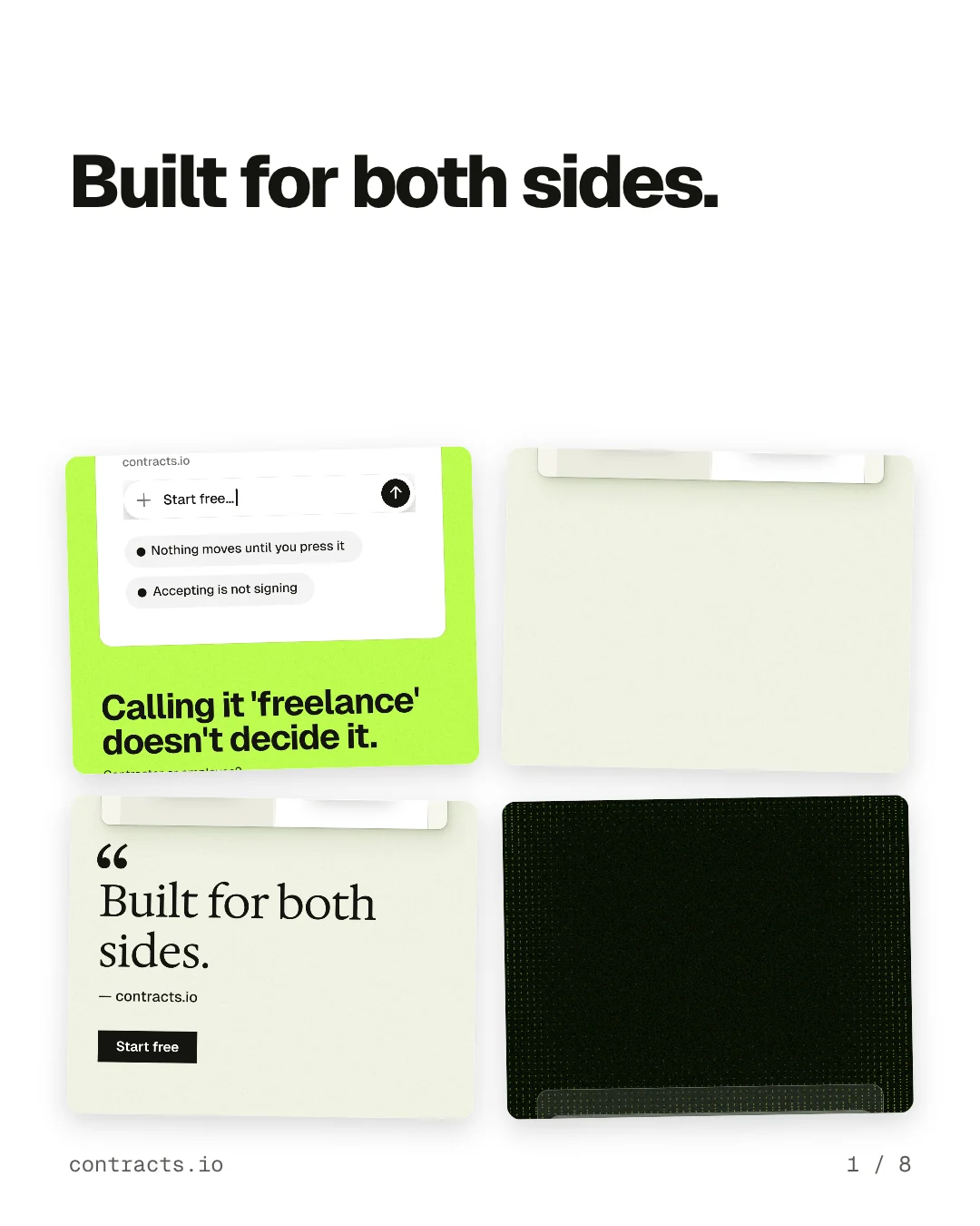 Carousel for contracts.io: "Built for both sides.". Collection carousel, 8 slides, light palette.