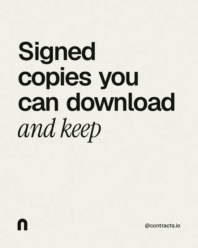 Instagram portrait post for contracts.io: "Signed copies you can download and keep". Editorial style, technique:mixed type lockup layout, light palette in white, grey.