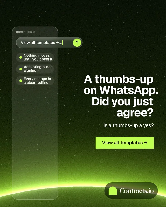 Instagram portrait post for contracts.io: "A thumbs-up on WhatsApp. Did you just agree?" Swiss style, right layout, dark palette in green, black.