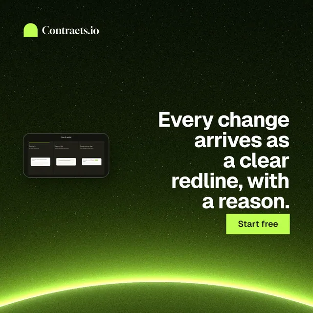 Instagram post for contracts.io: "Every change arrives as a clear redline, with a reason." Swiss style, right layout, dark palette in green, black.