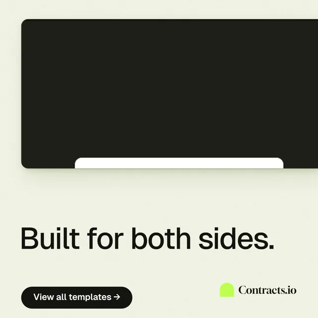 Instagram post for contracts.io: "Built for both sides." Data card style, bottom layout, light palette in white, black, green.