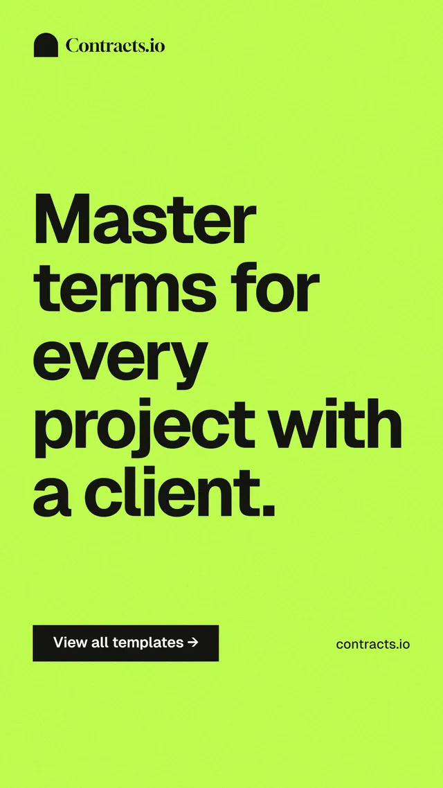Instagram story for contracts.io: "Master terms for every project with a client." Swiss style, poster layout, light palette in green.