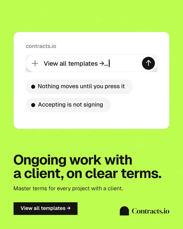 Instagram portrait post for contracts.io: "Ongoing work with a client, on clear terms." Swiss style, bottom layout, light palette in white, green.