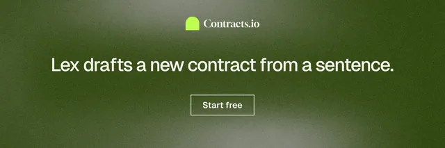 X header for contracts.io: "Lex drafts a new contract from a sentence." Cyanotype style, centred layout, dark palette in green, grey.