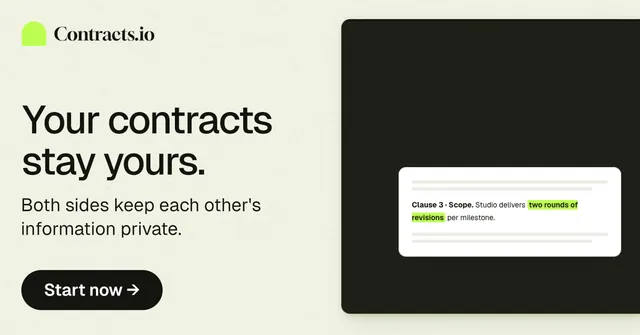 Social ad for contracts.io: "Your contracts stay yours." Data card style, bottom layout, light palette in green, black, white.