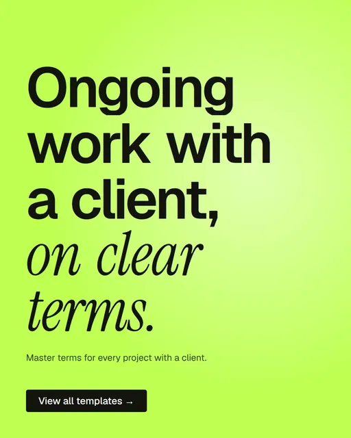 Video for contracts.io: "Ongoing work with a client, on clear terms.". Doc motion loop, 8.0 s, light palette.
